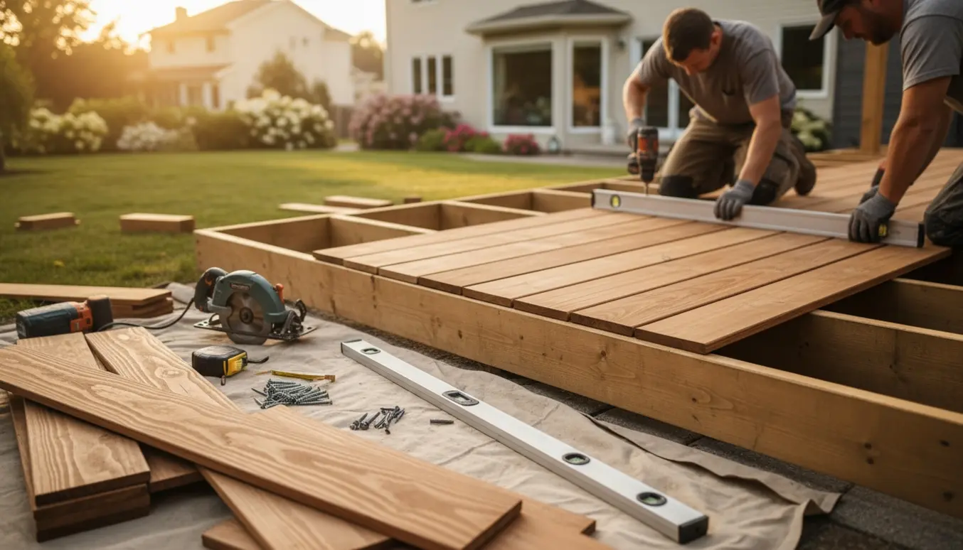 Delvist færdig termotræterrasse i en have med værktøj og træbrædder klare til montage.