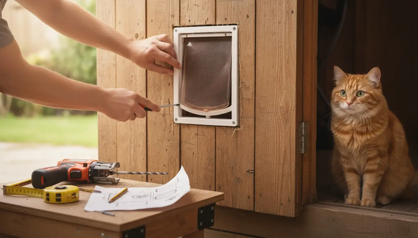Hænder monterer en kattelem i en trædør til et skur med værktøj og en nysgerrig kat.