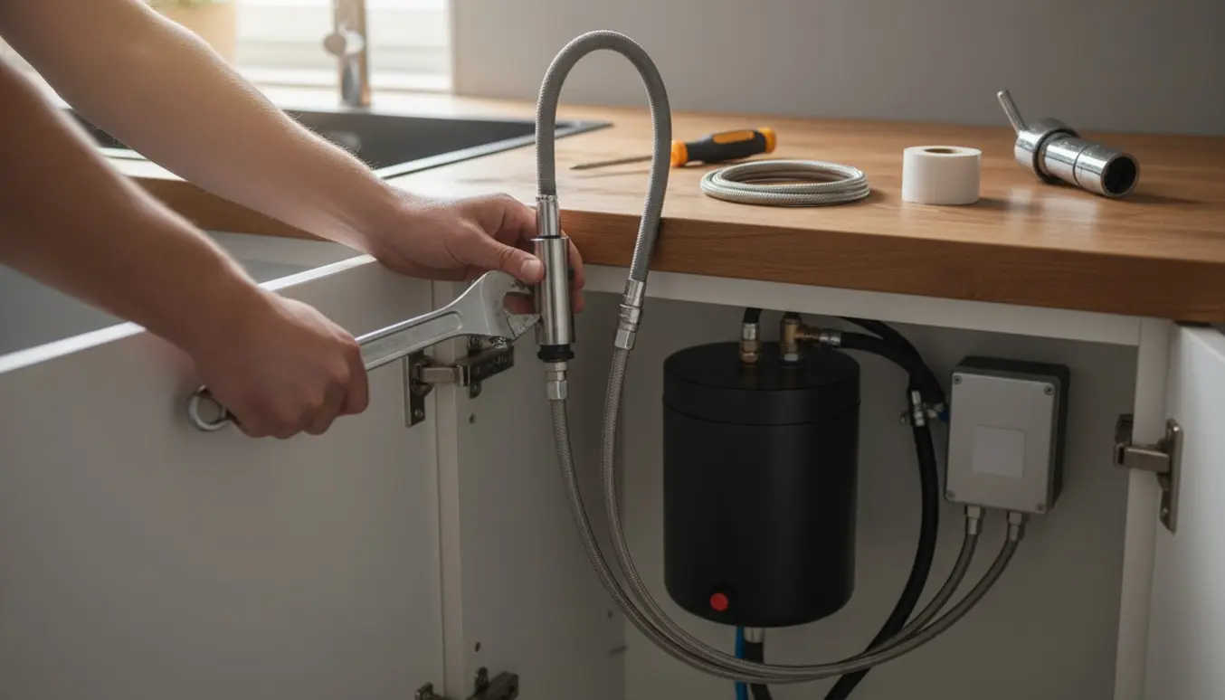 Montering af fleksibel kogende-vandshane ved køkkenvask med Pro3-beholder i åbent underskab.