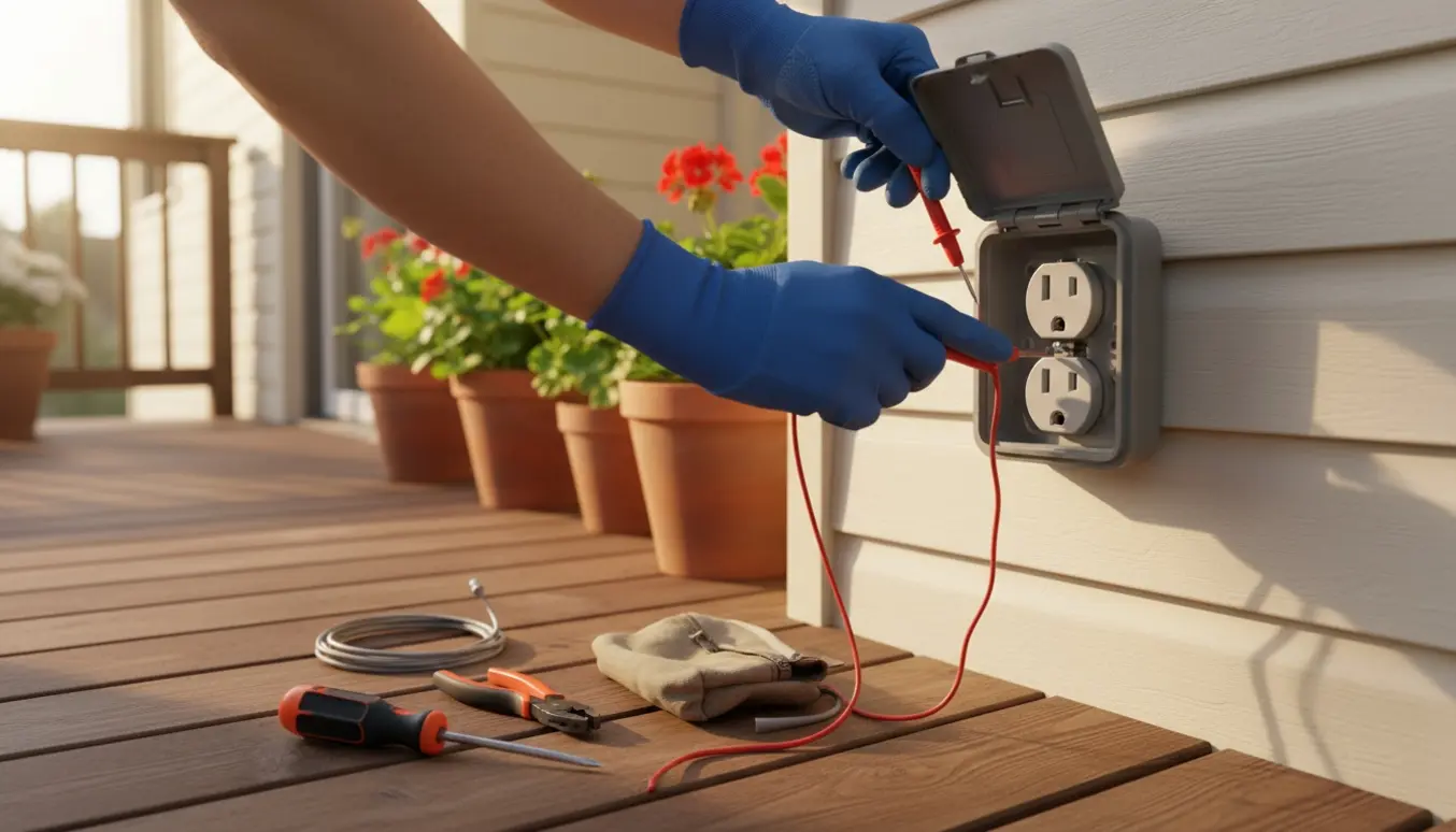 Hænder i isolerede handsker tester en åben udendørs stikkontakt på en træterrasse med multimeter.