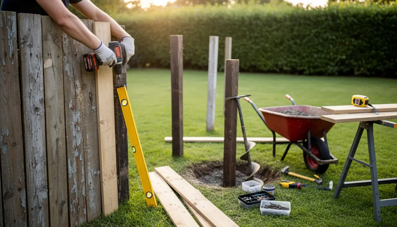Hænder monterer en ny brædde på et plankeværk i en have med brugt og nyt træ og værktøj omkring.