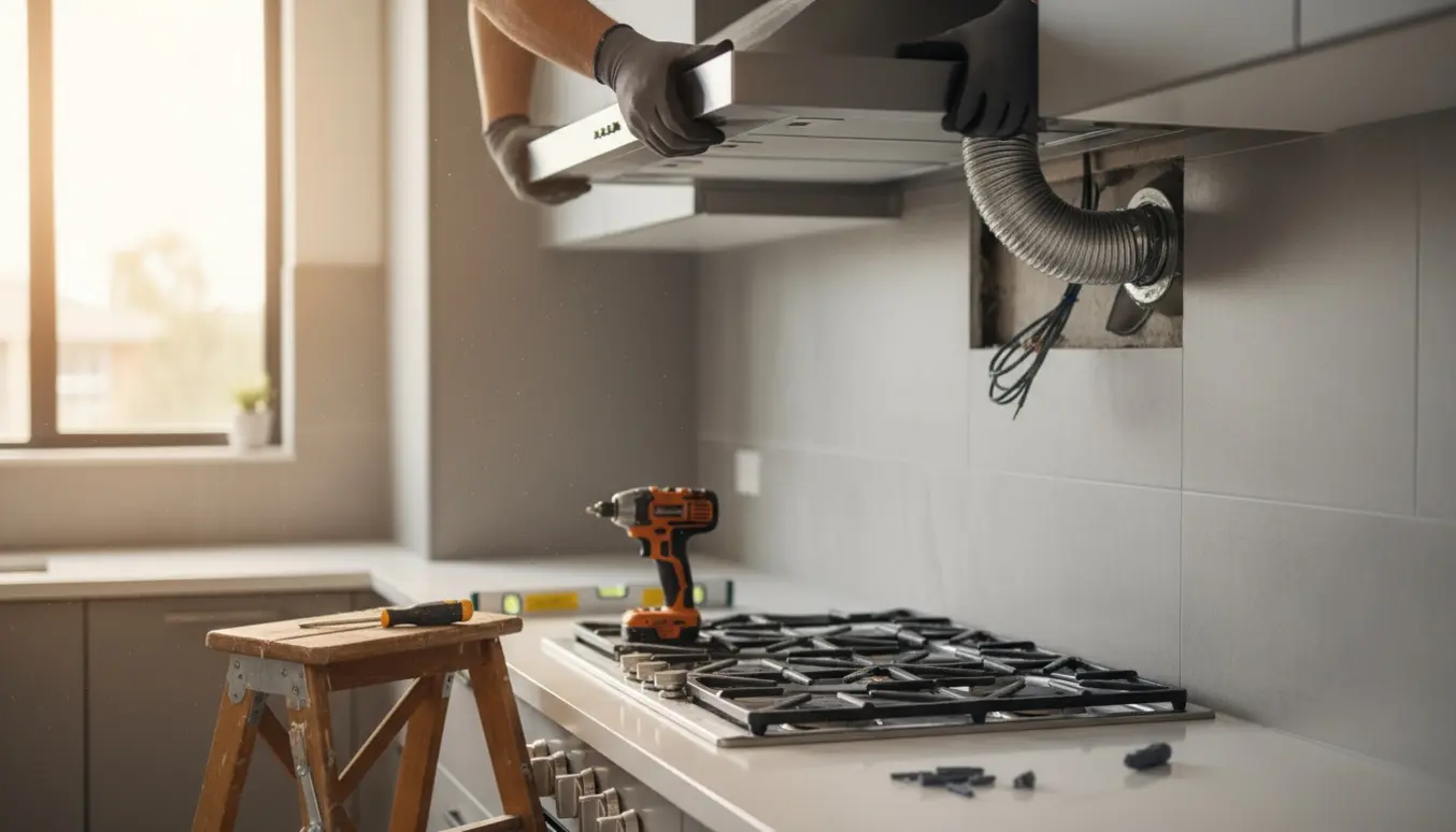 En håndværker monterer en væghængt emhætte med flexslange og værktøj i et lyst køkken.