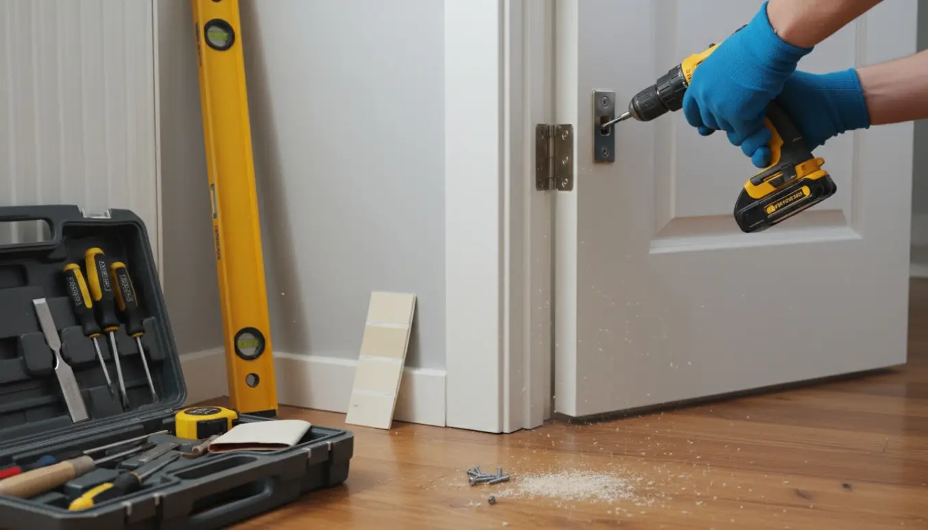 Hænder genopsætter en indvendig dør i en lejlighed med værktøj og vaterpas.