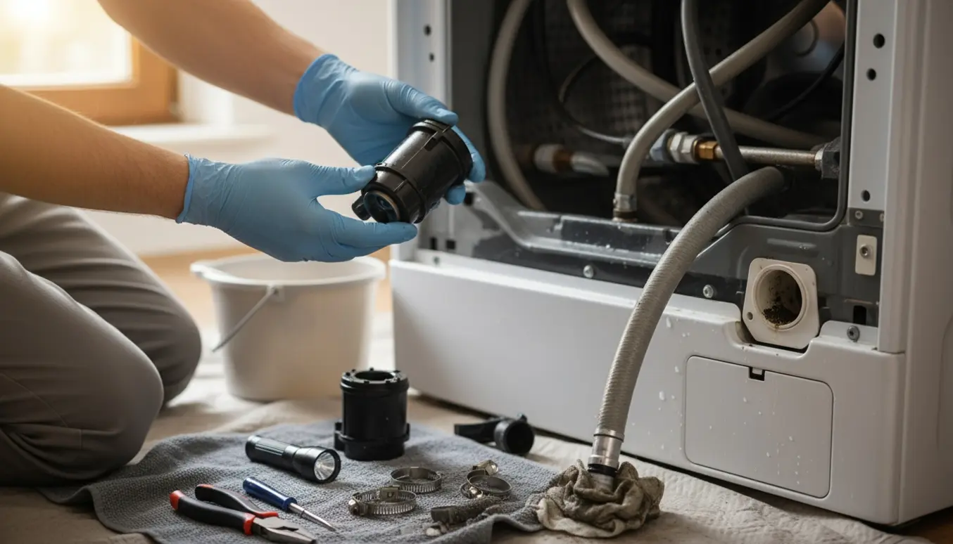 Hænder inspicerer og renser afløbs- og indløbspumpen på en åben vaskemaskine med værktøj og reservedel ved siden af.