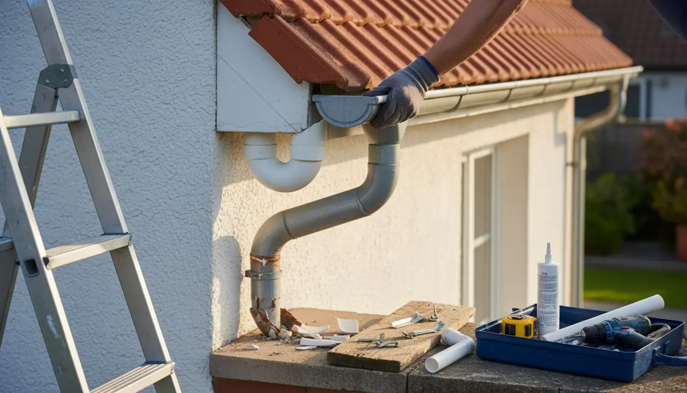 Nærbillede af udskiftning af ødelagt plastnedløbsrør ved husets tagrende med værktøj og nye rørdele.