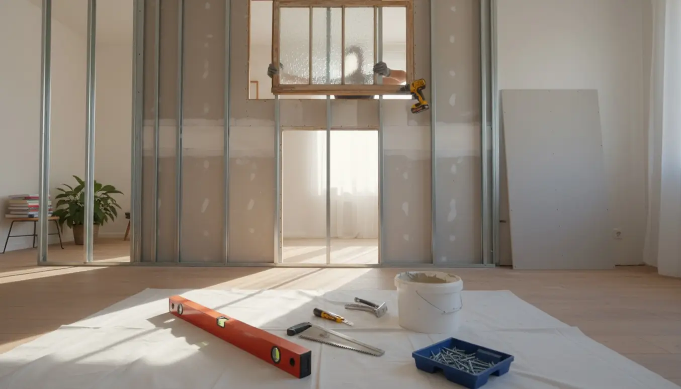 Skillevæg i gips under opbygning i en solfyldt lejlighed med døråbning og genbrugsvindue øverst.