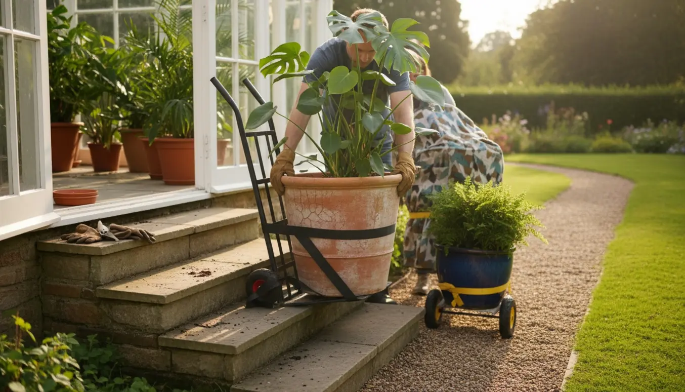 Store krukker flyttes forsigtigt fra udestuen ned ad syv udendørs trappetrin med en flyttevogn og handsker synlige.
