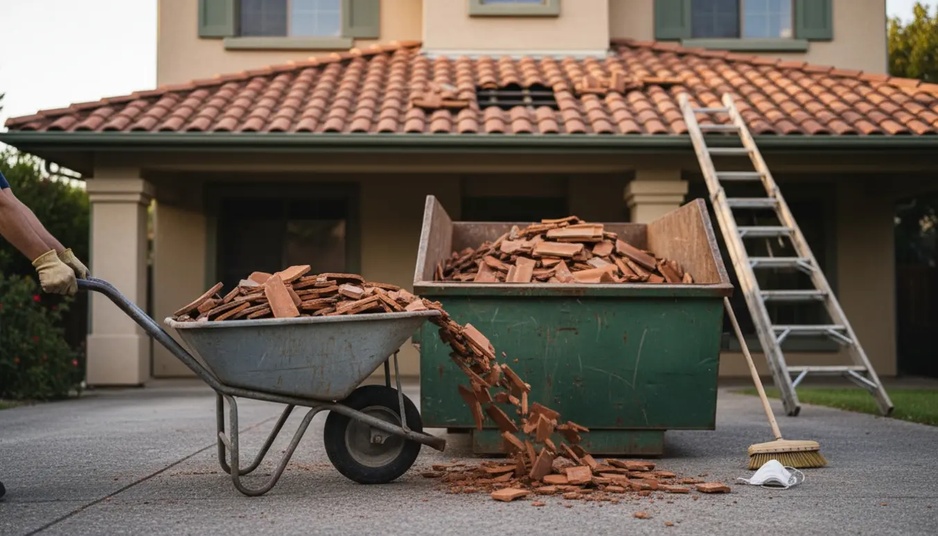 Åben affaldscontainer på indkørsel med en trillebør, hvor gamle teglsten læsses i til bortskaffelse.