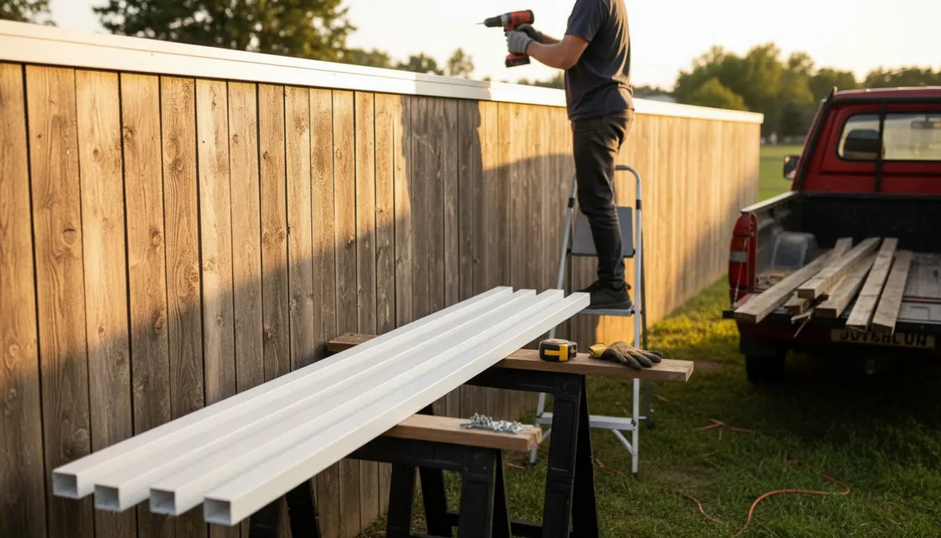 Hænder monterer nye topprofiler på et hegn, mens de gamle profiler er bundtet i en trailer klar til genbrugspladsen.