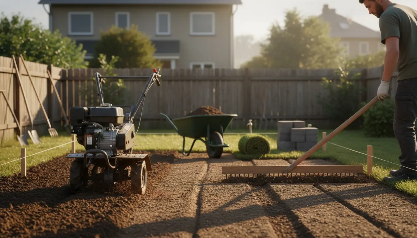 Havearbejde med fræser og rive, hvor jord er fræset og planeret til ny græsplæne.