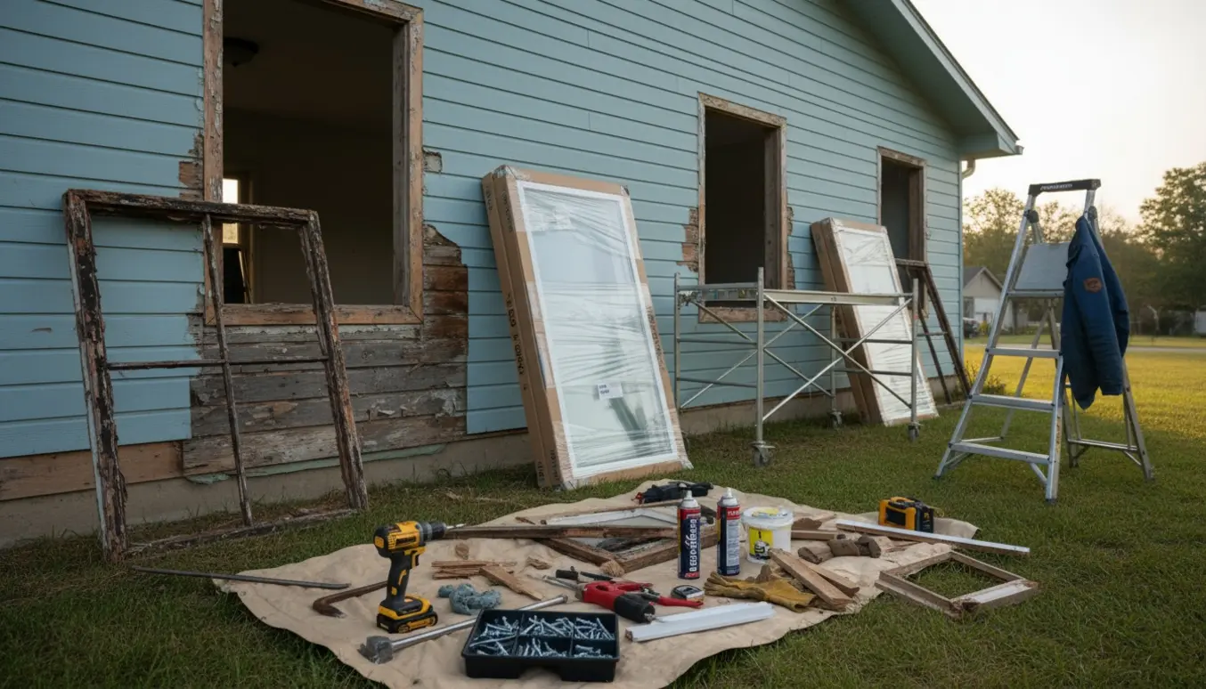 To nye vinduer læner mod et étplanshus, mens mørnet ramme og værktøj viser, at de gamle vinduer er fjernet.