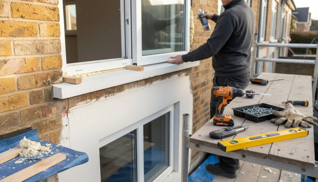 Håndværker fører et nyt vindue på plads i husfacaden med værktøj og stillads i forgrunden.
