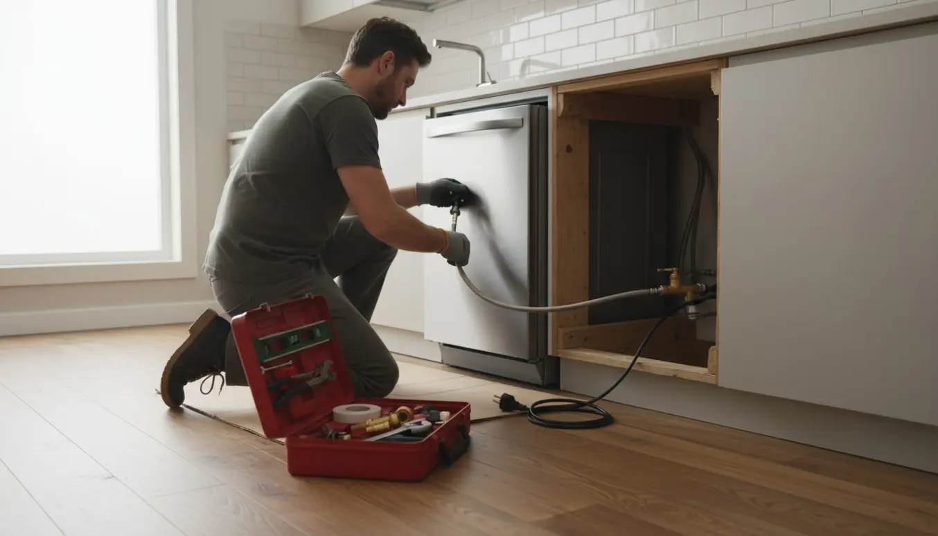 Hænder forbinder vandslange til en opvaskemaskine i et moderne køkken med værktøj på gulvet.