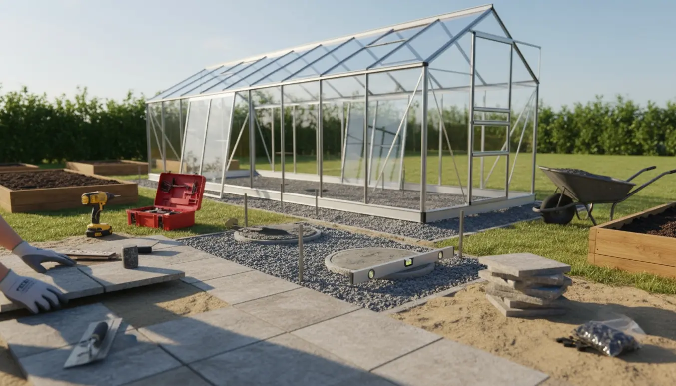 Delvist opbygget drivhus i have med håndværker, der lægger fliser og støber sokkel.