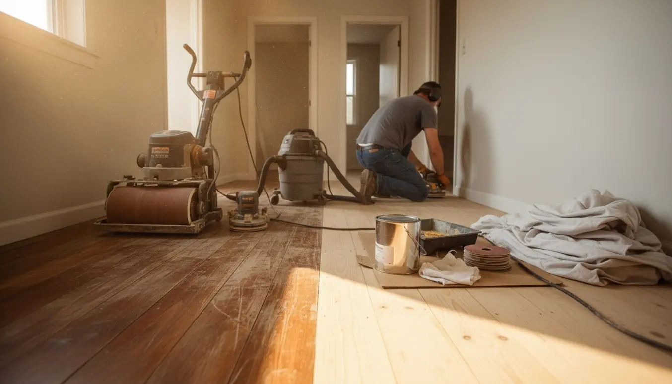 Halvslibet trægulv i en smal gang med slibemaskine og værktøj til gulvbehandling.