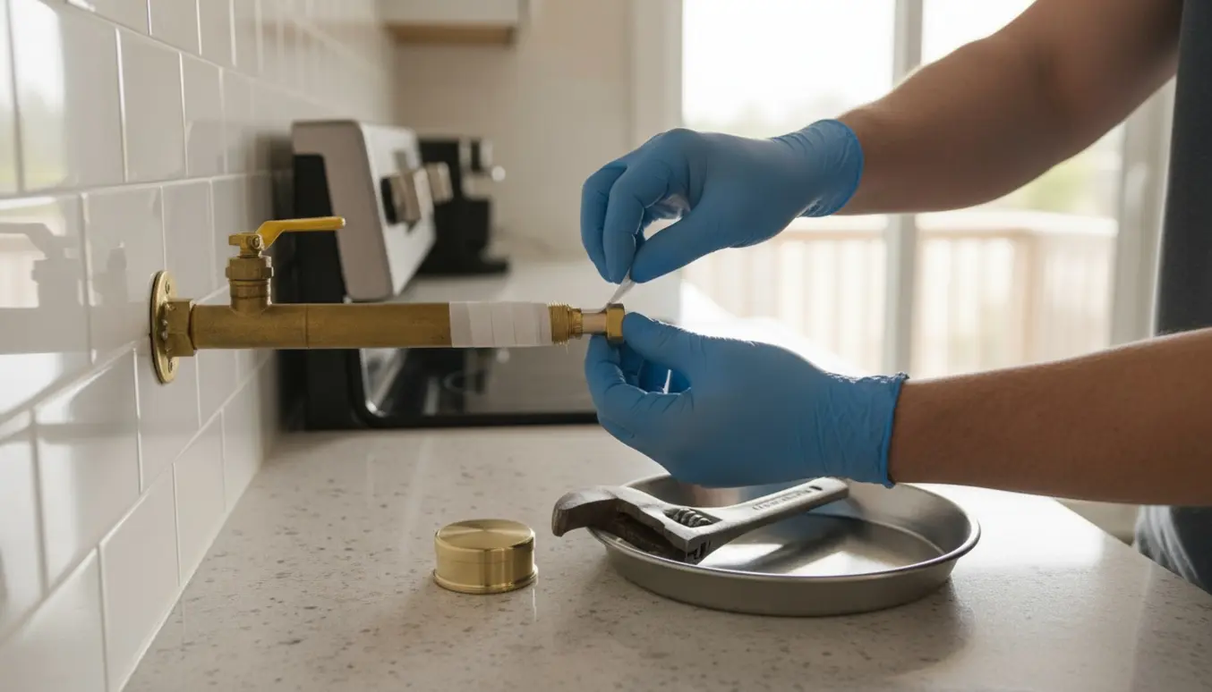 Nærbillede af hænder, der afpropper et gasrør i et køkken med en messingprop og PTFE-tape.