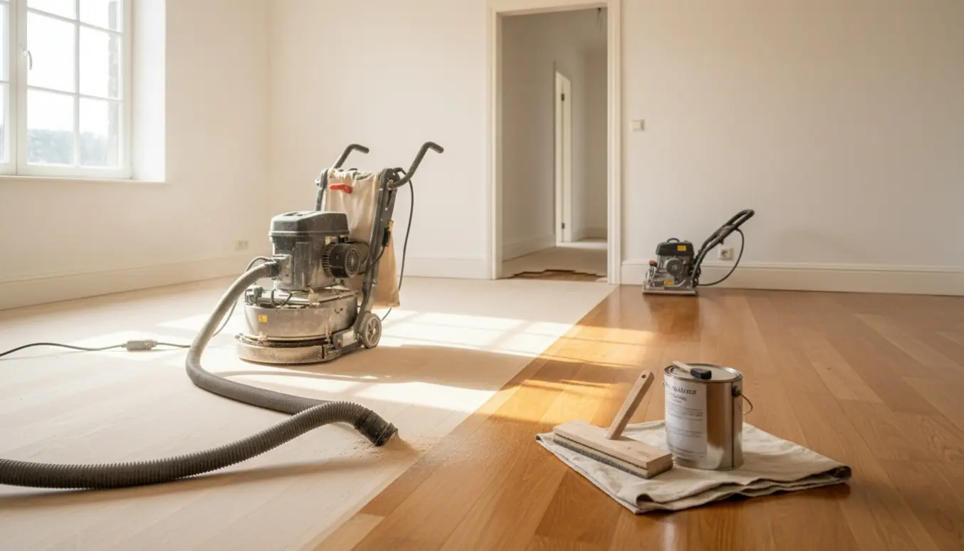 Slebet og nyligt olieret massiv bøgeparket med gulvsliber og reparationsfelt i et lyst værelse.