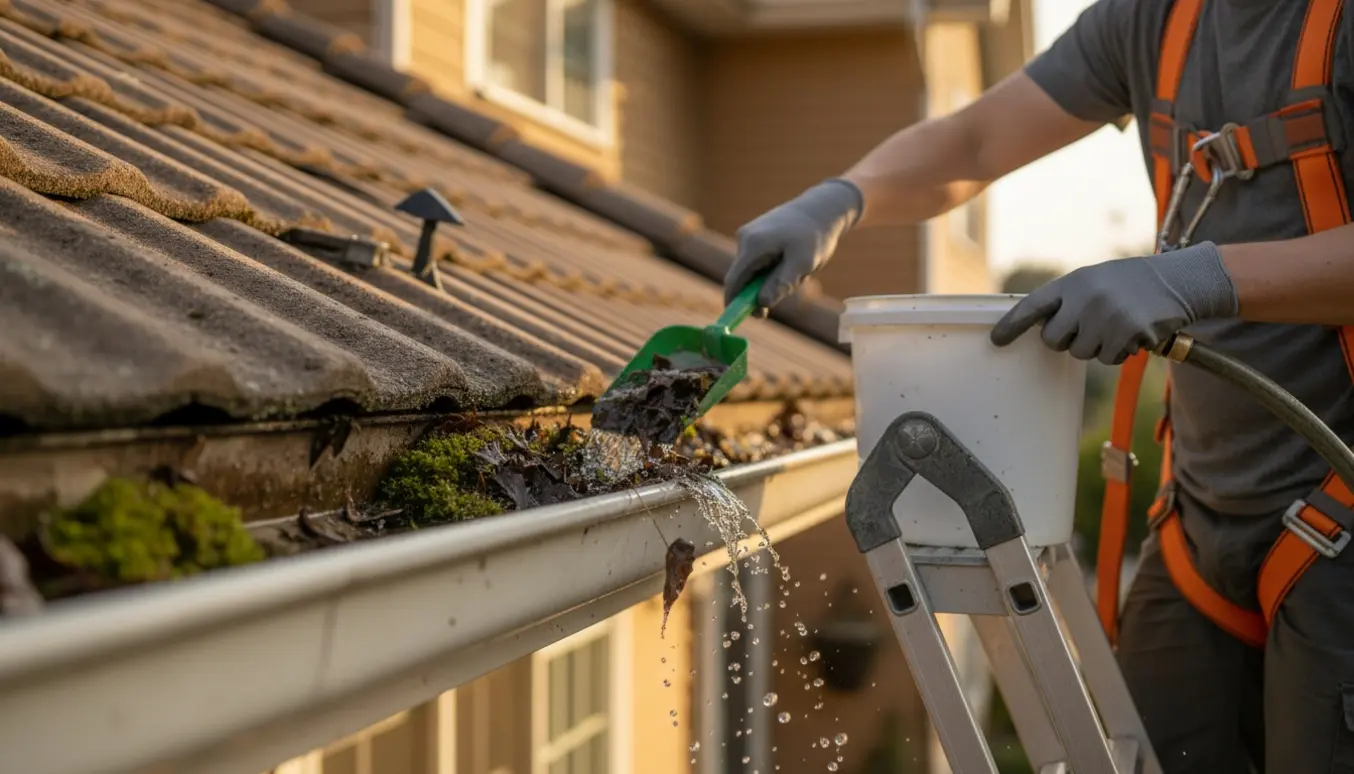 Nærbillede af hænder på en stige, der fjerner blade og skidt fra en tagrende.