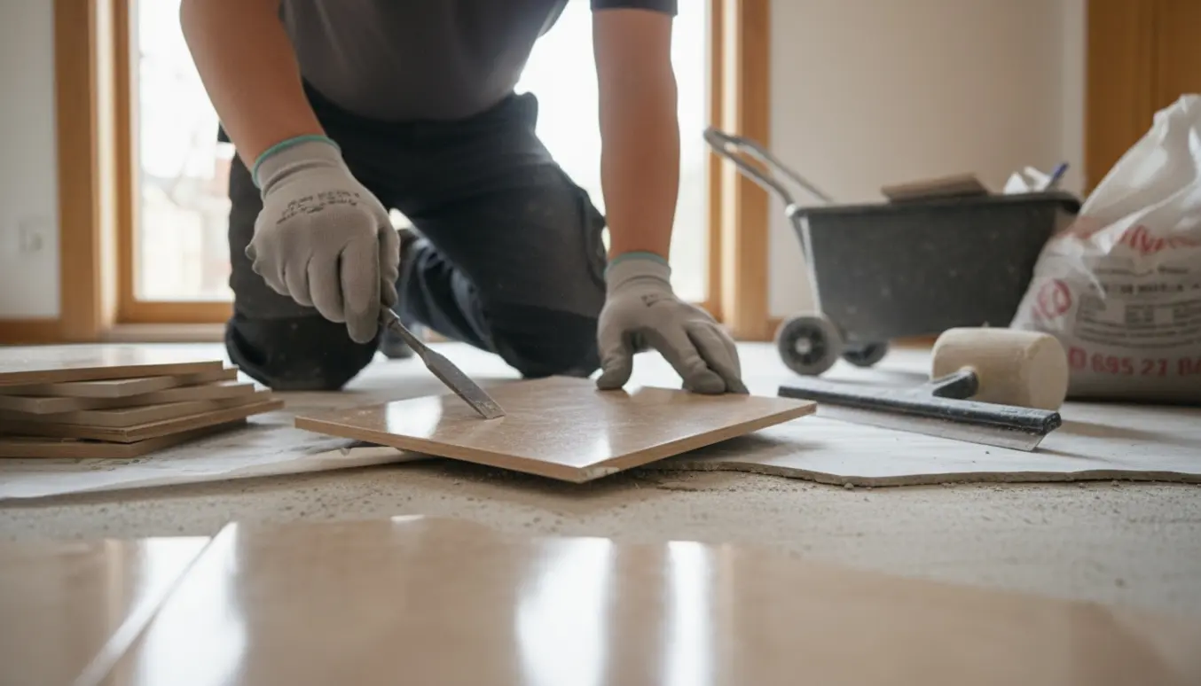 Omhyggelig fjernelse af klinker i et tomt hus med værktøj og stak af fjernede klinker, uden skadet undergulv.