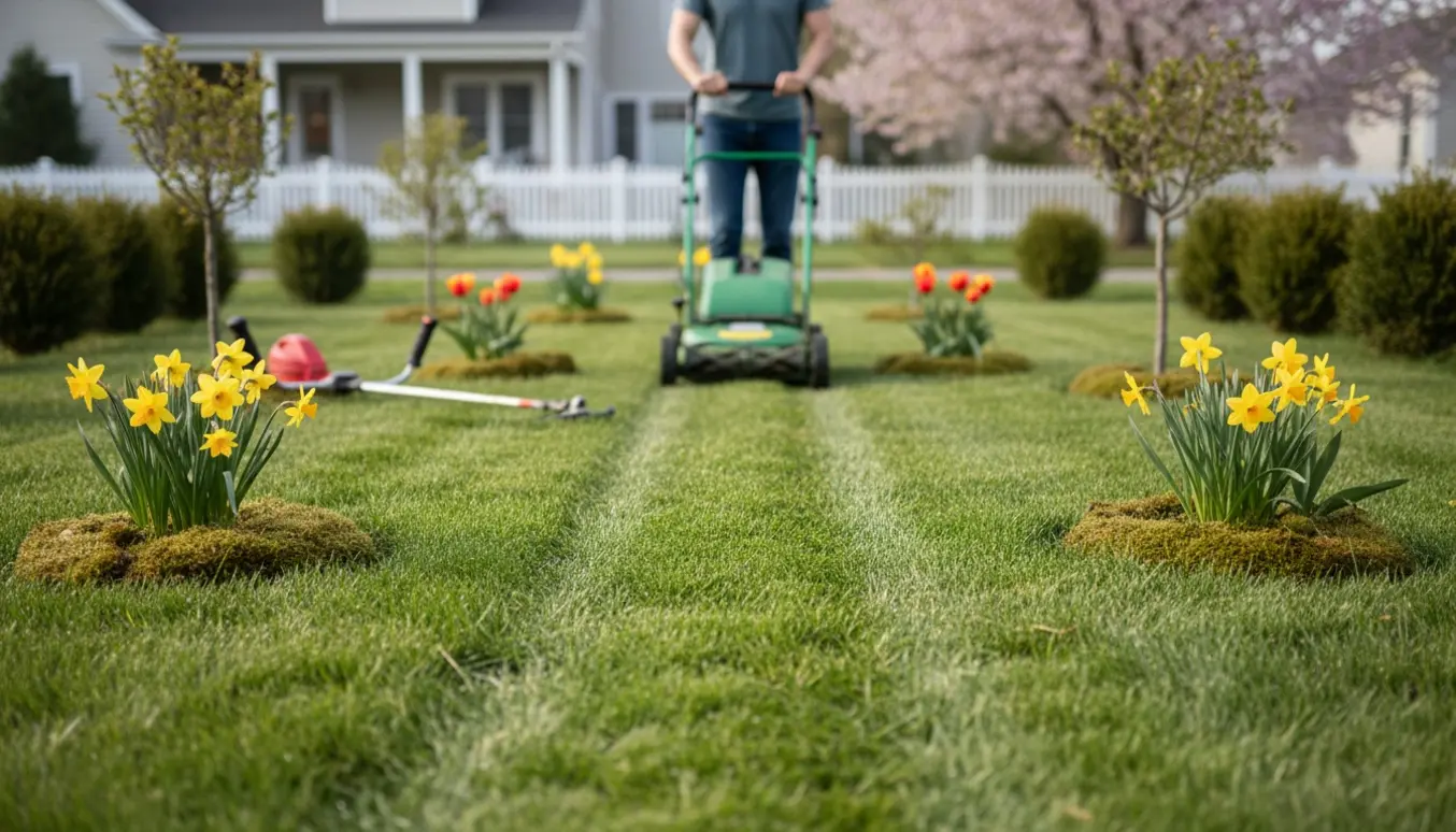 Græsplæne slås første gang i foråret omkring tulipaner og påskeliljer med mospletter og fire små træer.