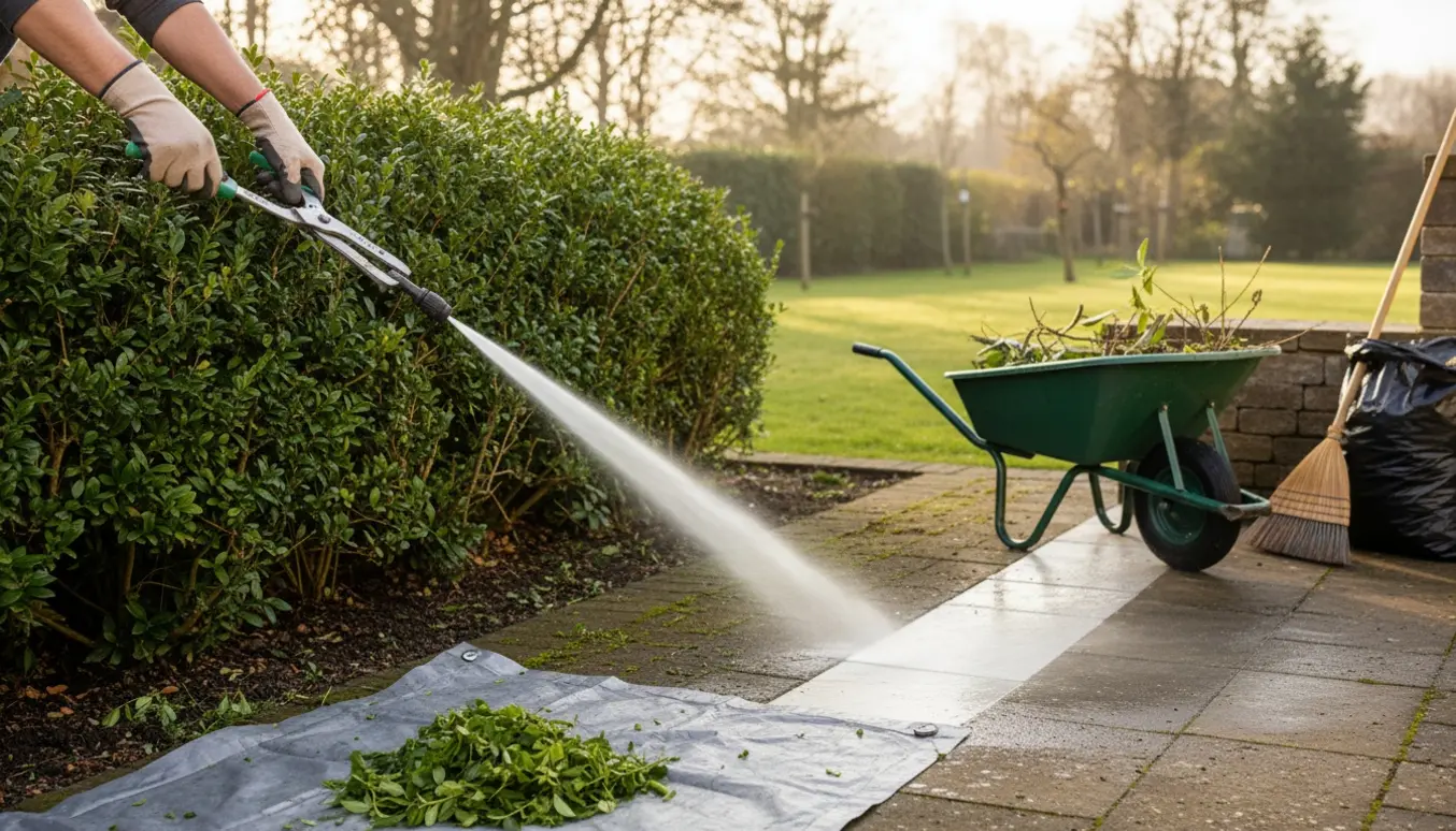 Person beskærer hæk og renser fliser i en forårshave med haveredskaber og affaldssæk.