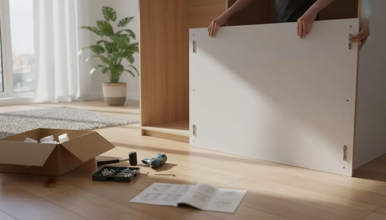 Delvist samlet hvidt klædeskab med egetræsindvendigt og værktøj på et lyst gulv.