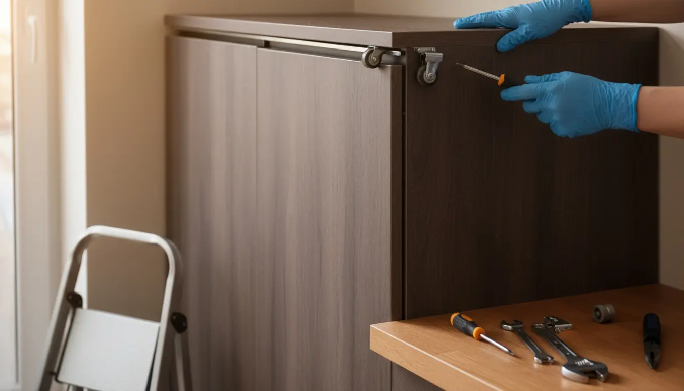 Tæt foto af et højskab med døren hængende på yderskinnen og værktøj klar til reparation.