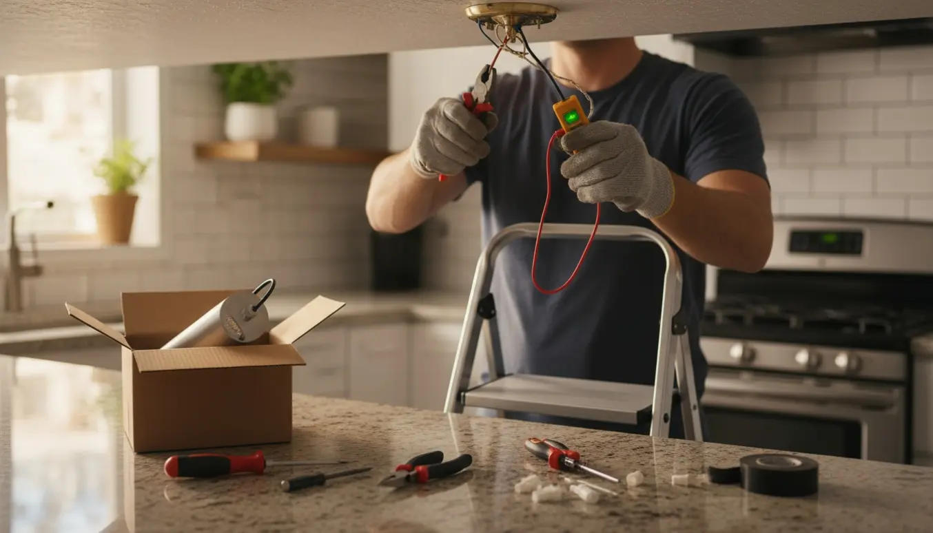 Hænder på en stige afmonterer en køkkenhængelampe med værktøj og en ny lampe klar på bordet.