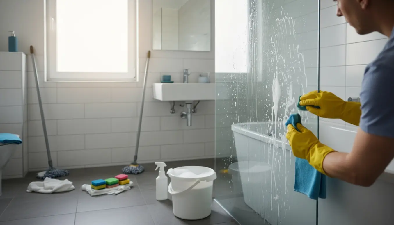Nærbillede af grundig badeværelsesrengøring med gule handsker, svamp og spand i et lyst, moderne badeværelse.