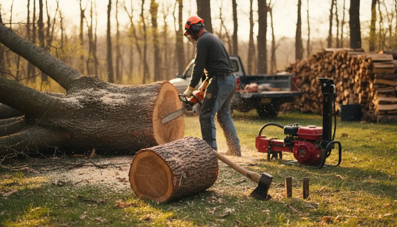 En person i sikkerhedsudstyr skærer et nedsavet træ til brænde med kædesav og stabler af nyskåret brænde i baggrunden.