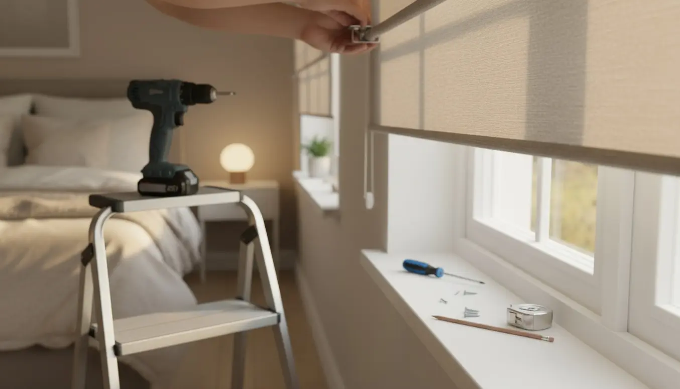Nærbillede af hænder, der monterer en rullegardin i et lyst soveværelse.