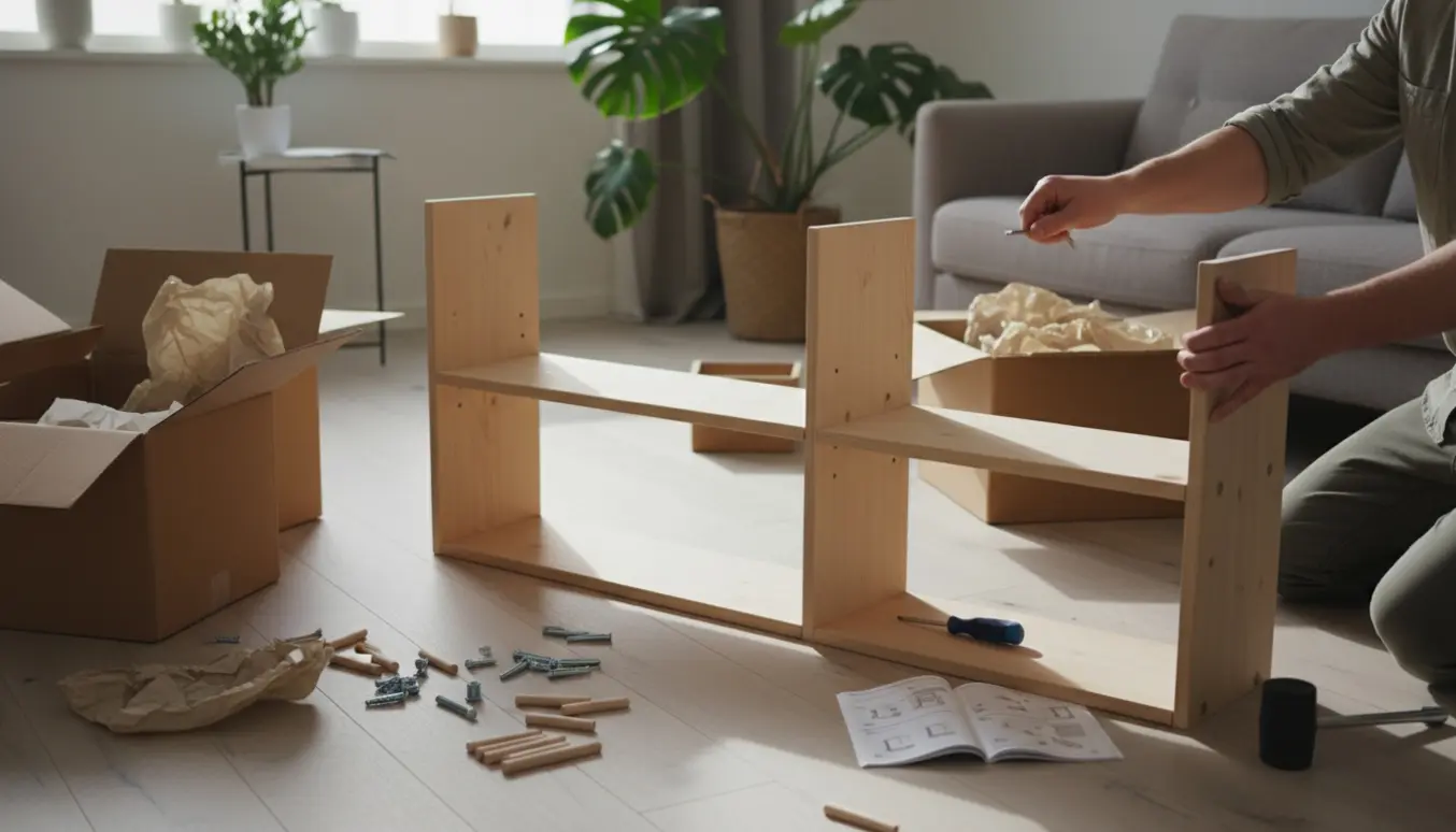 Hænder samler fladpakket reol i en lys, skandinavisk stue med værktøj og åbne papkasser.