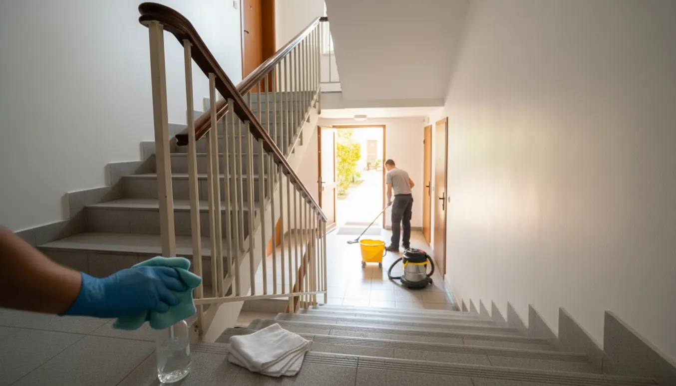 En rengøringsperson uden synligt ansigt pudser gelænderet og mopper en lys trappeopgang med fire etager og udgang til gårdhaven.