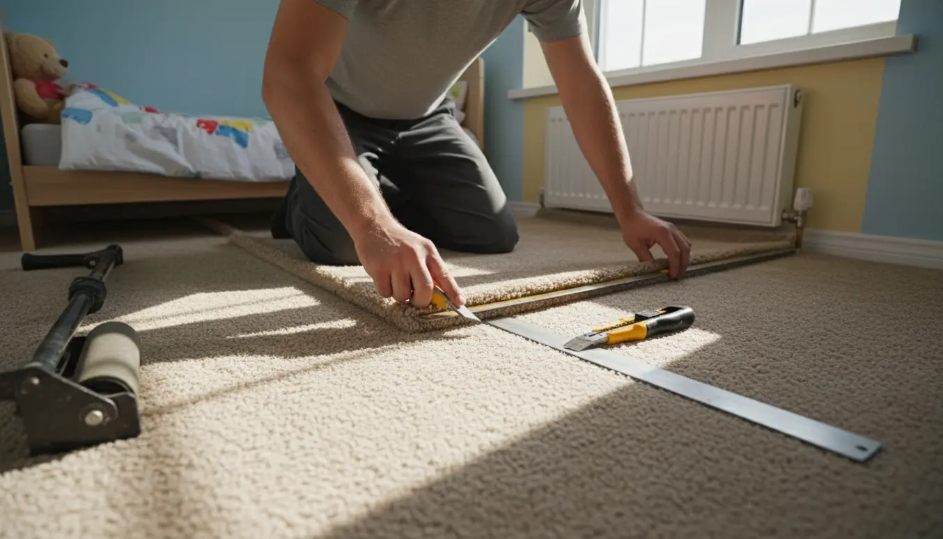 Installatørs hænder trækker og trimmer et væg-til-væg gulvtæppe omkring et vinduesindhak og gulvradiator i et lille børneværelse.