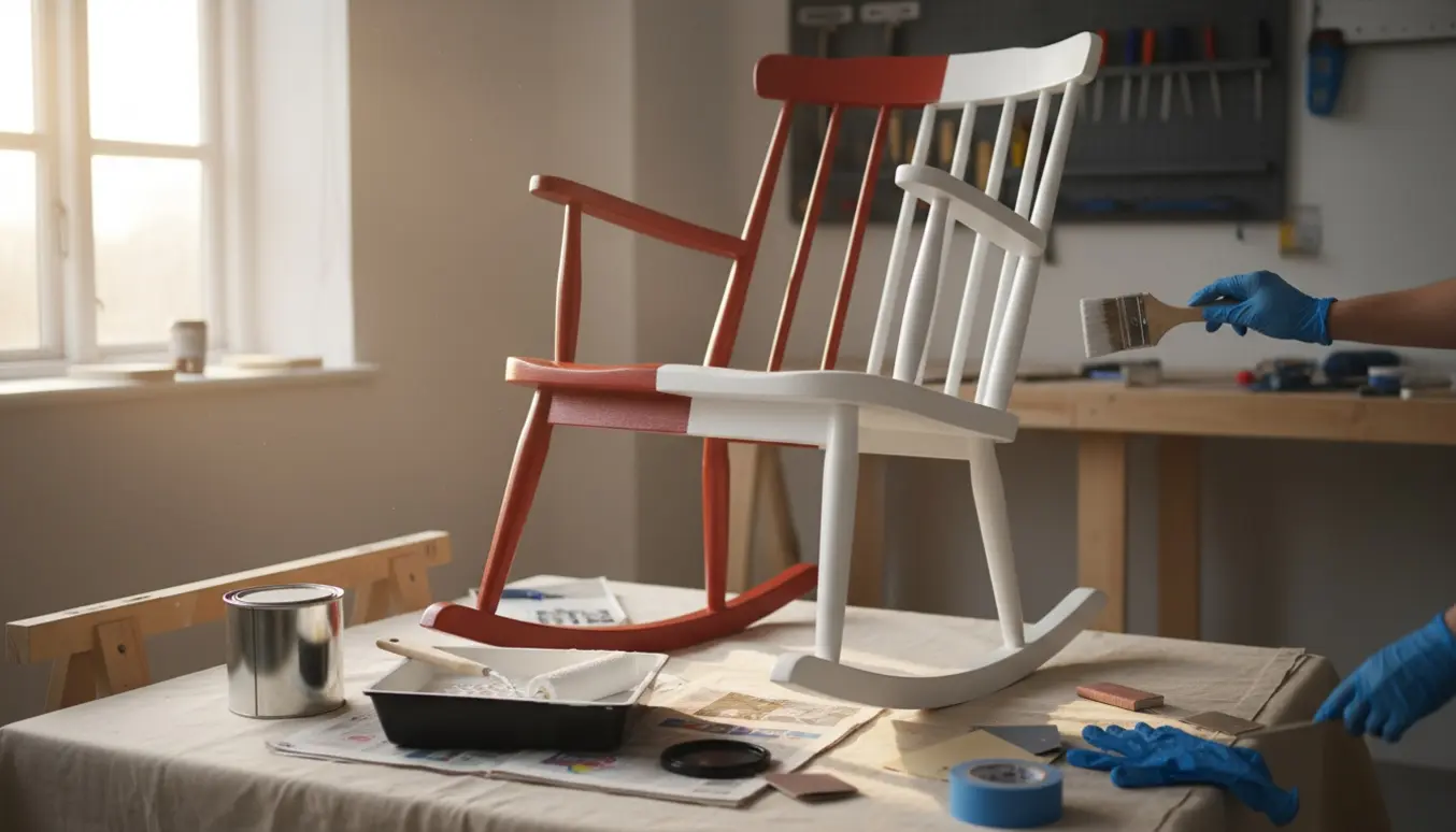 En rød FDB-gyngestol på bukke delvist malet hvid med malerværktøj i et solbeskinnet værksted.