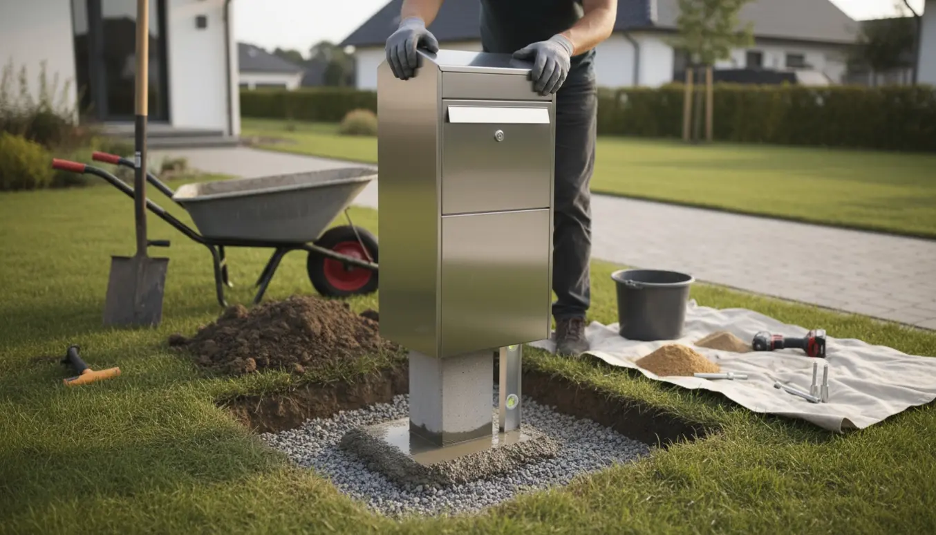 Montering og støbning af en rustfri postkasse i forhaven med frisk beton og værktøj.