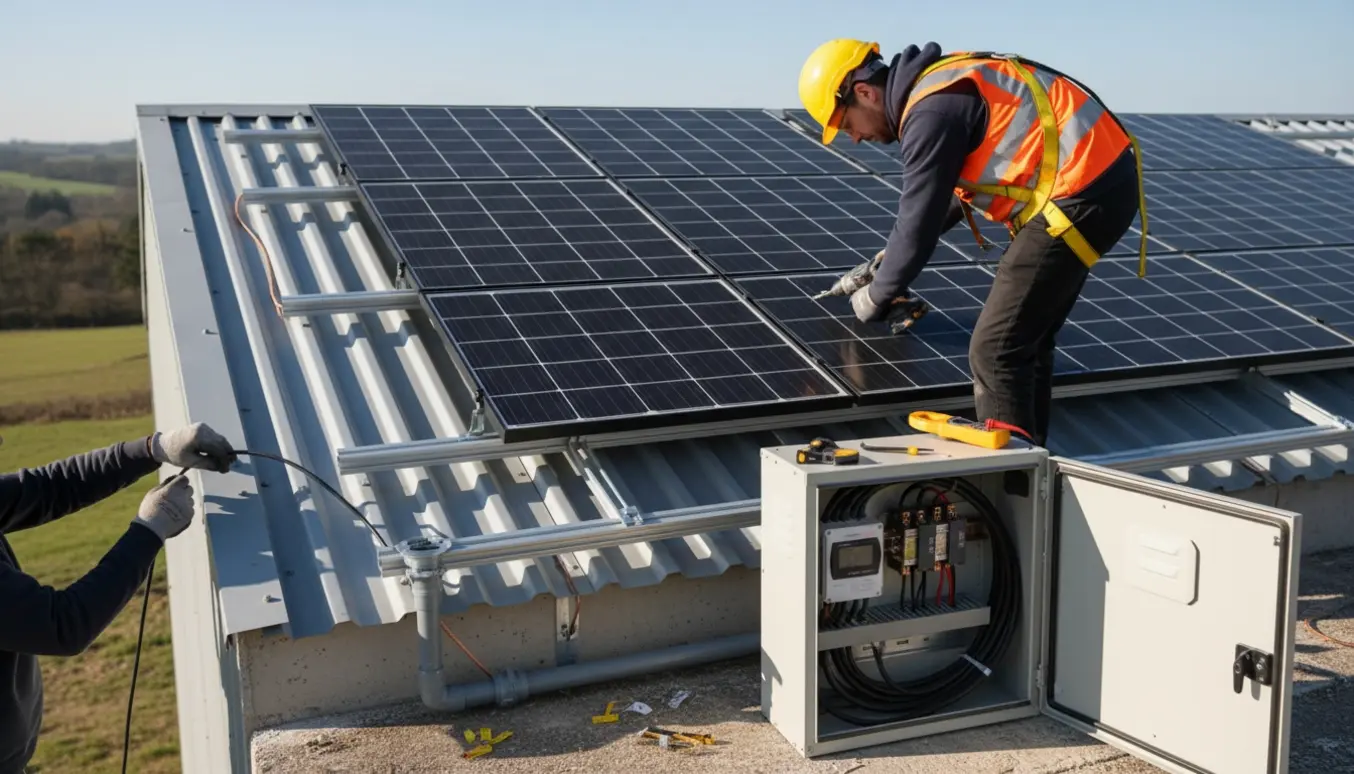 Montage af solpaneler på et metaludhustag med åben batteri- og inverterkasse i forgrunden.