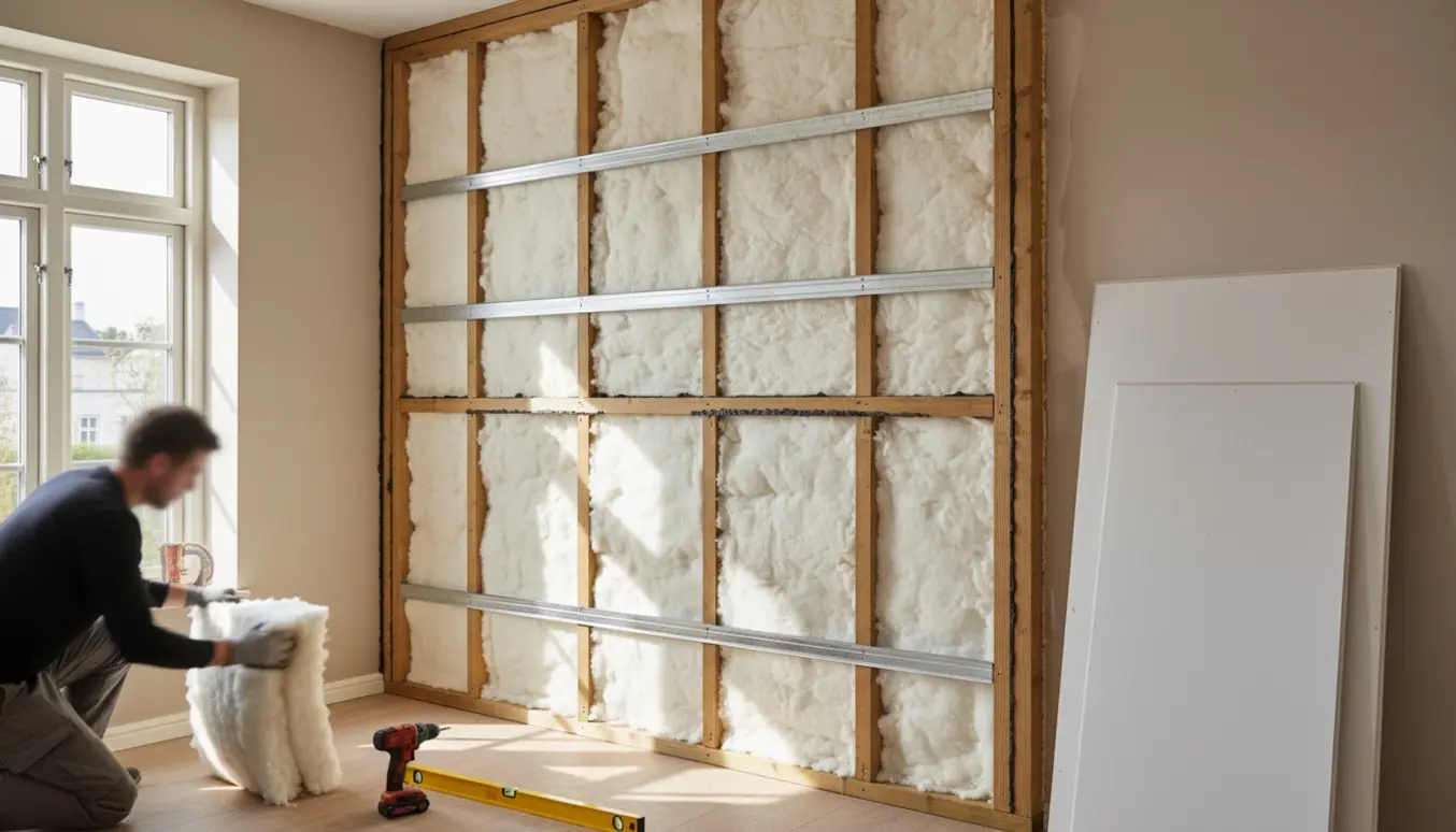 Halvfærdig forsatsvæg med mineraluld og gipsplader, håndværker installerer lydisolering.