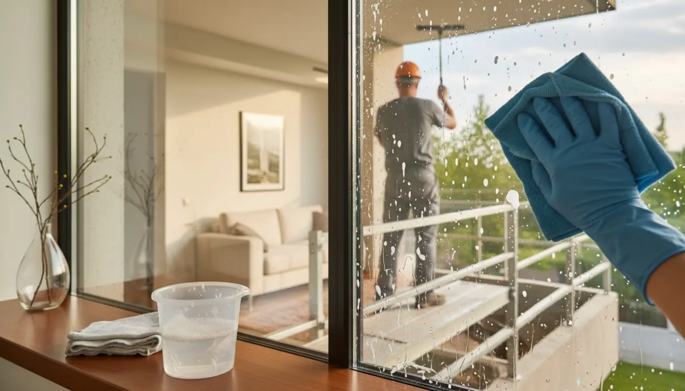 Ind- og udvendig vinduespudsning med handske og klud indendørs og montør på stige, der fjerner fugerester udenfor.