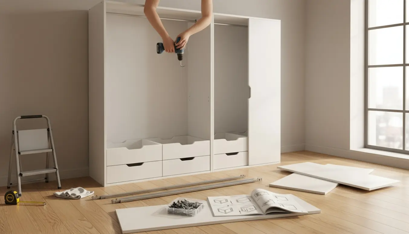 Halvfærdigt PAX-garderobeskab i et lyst soveværelse med hænder, værktøj og dele klar til montering.