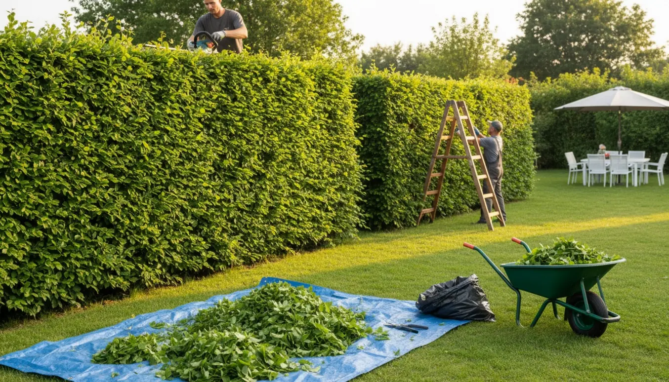 En person klipper en cirka 2 meter høj bøgehæk med elektrisk hækkeklipper, med rene snit og bunker af grønne afklip på græsset.