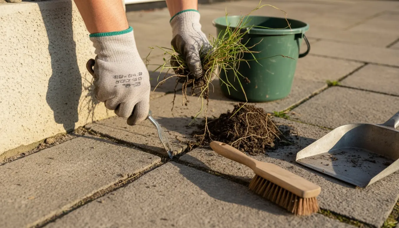 Hænder fjerner græs og rødder fra fuger mellem fliser ved husets sokkel med håndværktøj.