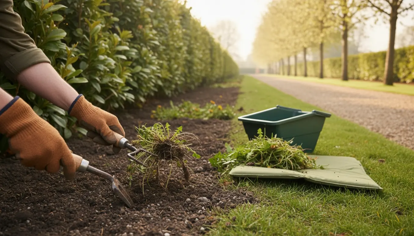 Nærbillede af handskerede hænder, der fjerner ukrudt langs en veltrimmet hæk med håndredskab.