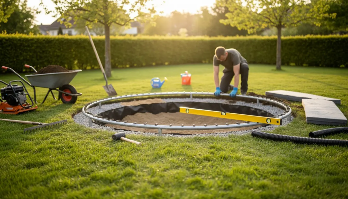 Nedgravet rund trampoline under installation i en solrig parcelhushave med værktøj omkring hullet.
