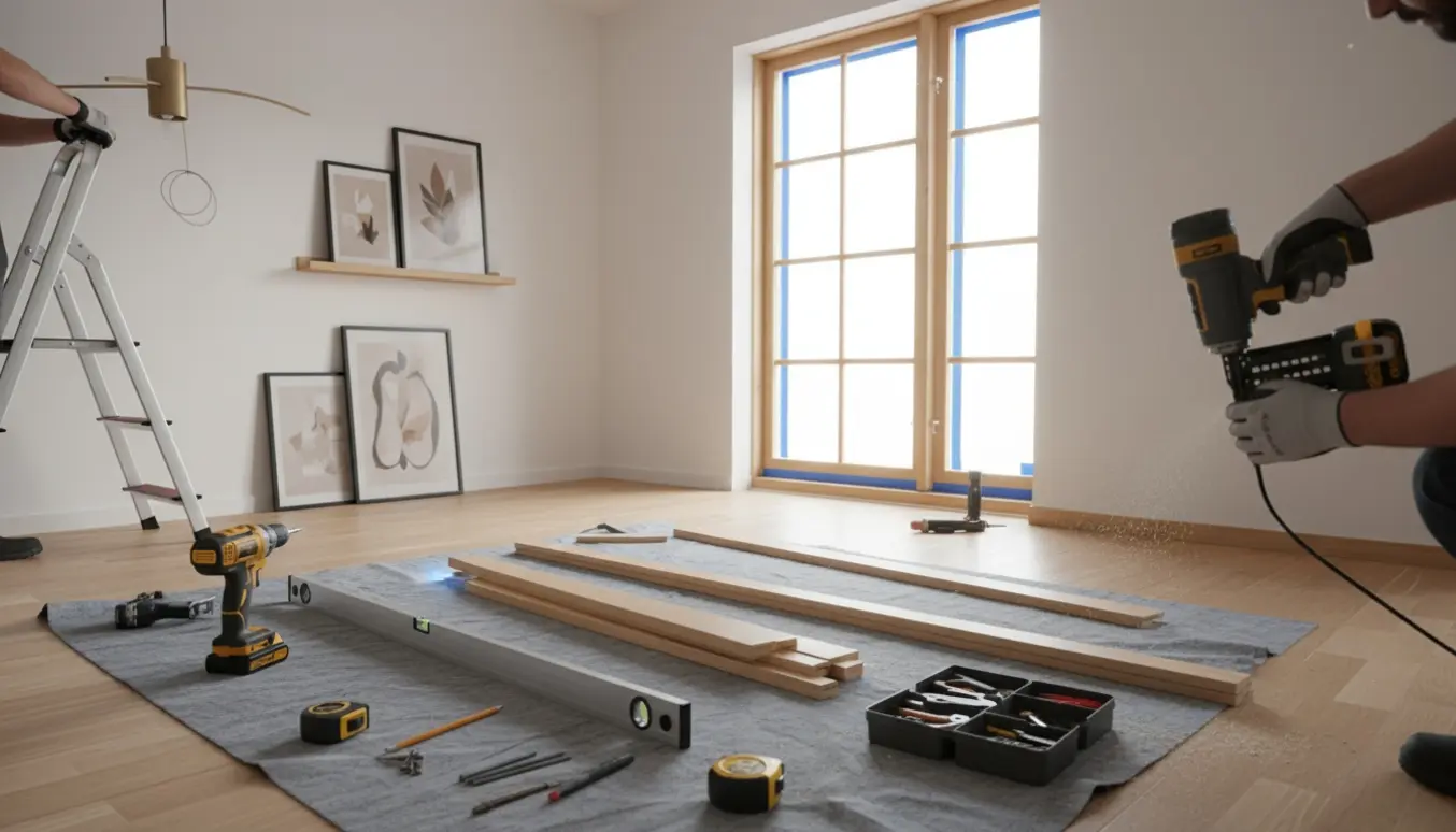 Håndværkere monterer et vindue i en tidligere døråbning, sætter fodlister op og hænger en lampe og billeder i et lyst rum.