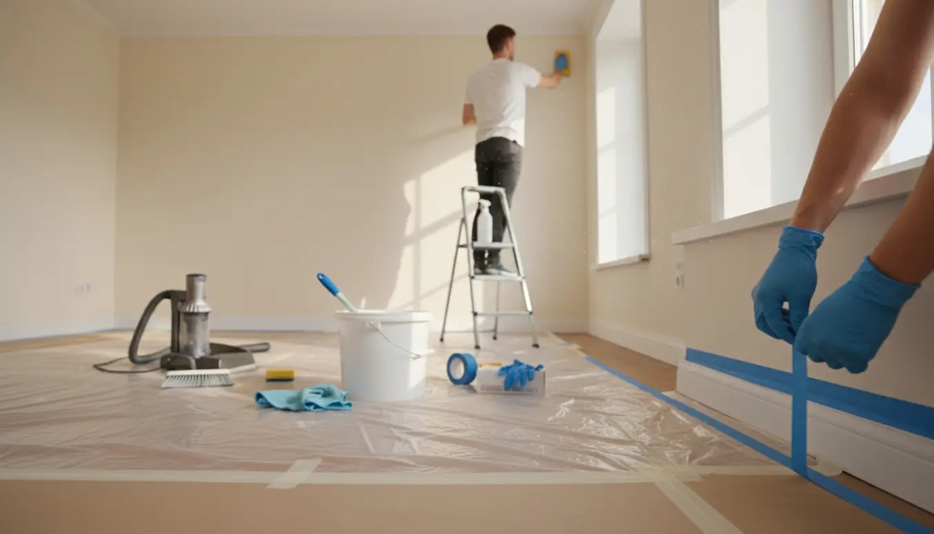 Et tomt værelse under forberedelse før maling med hænder, der sætter malertape på lister og gulvet dækket af plastik.