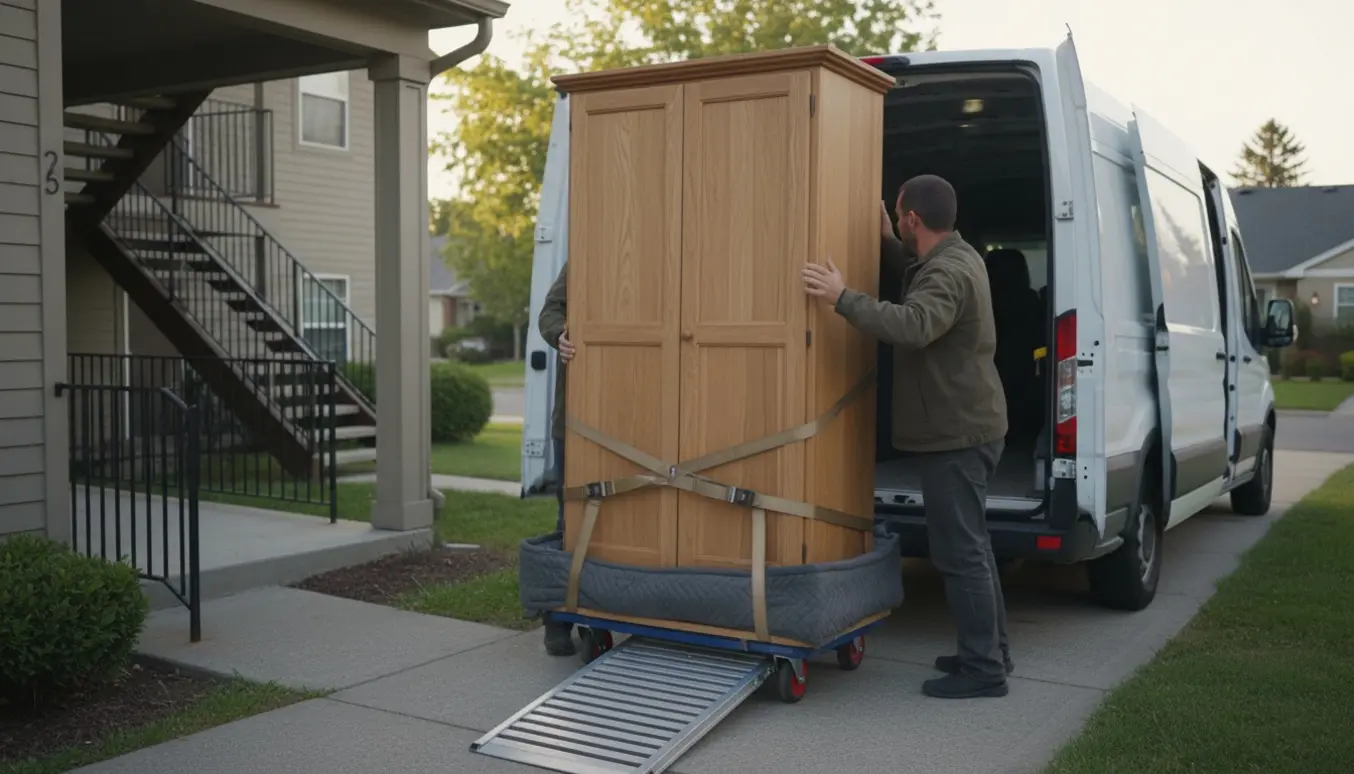 Et træskab sættes forsigtigt på en flyttevogn over en rampe ved siden af en varevogn.