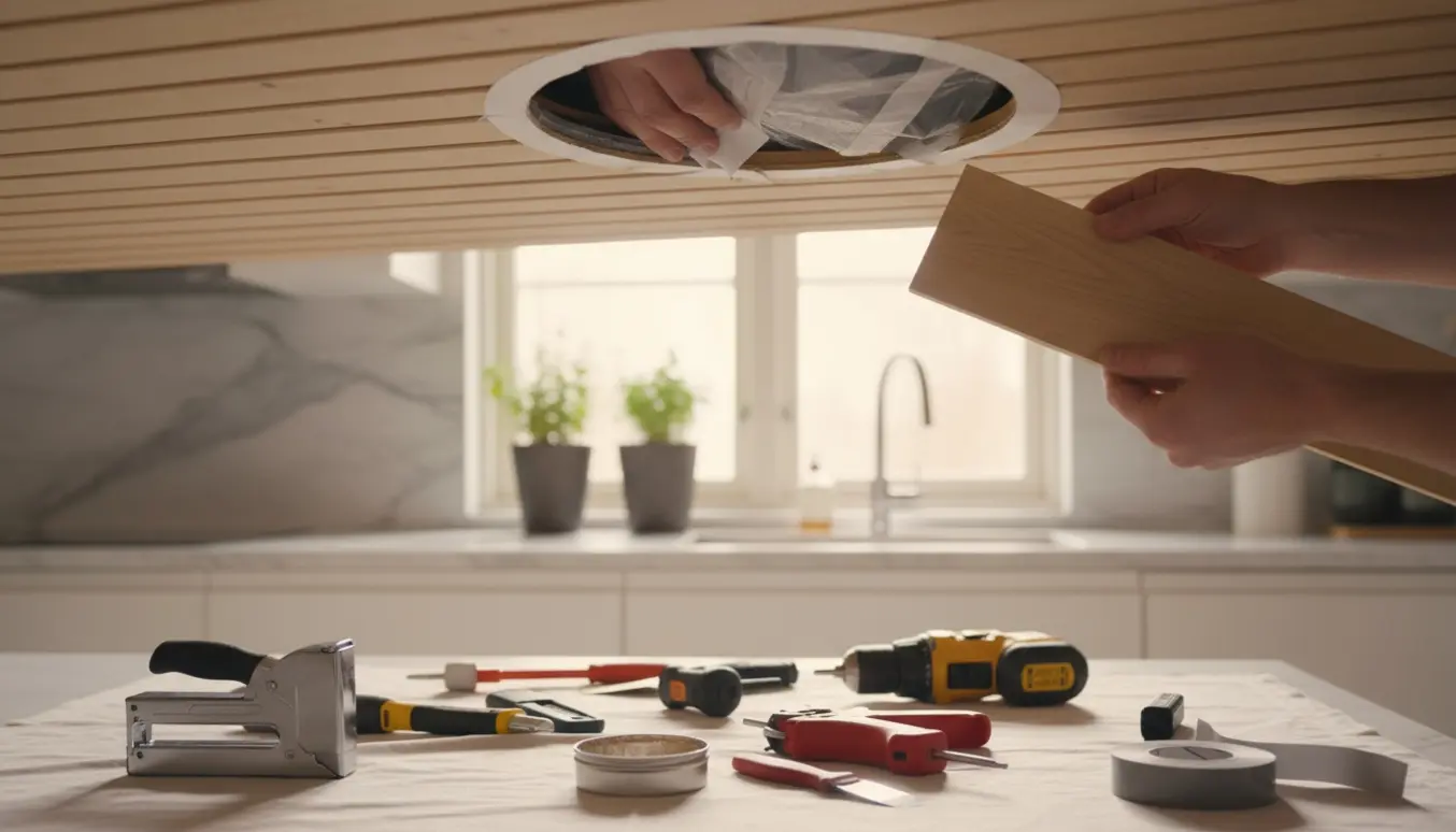 Hænder tæt på, der lukker hul i træloft med dampspærre og tape klar til afslutning og maling.