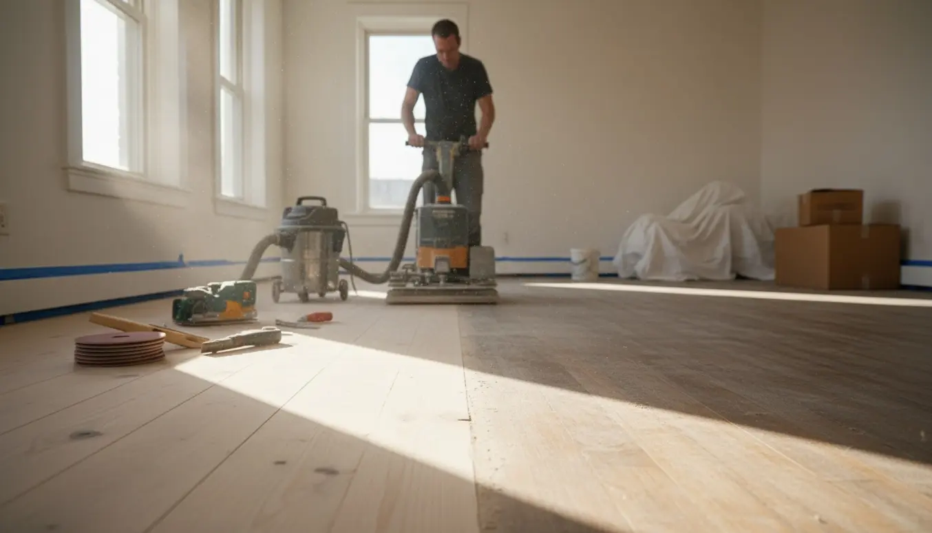 Halvt slebet trægulv i en tom lejlighed med slibemaskiner og støvudsug i blødt dagslys.