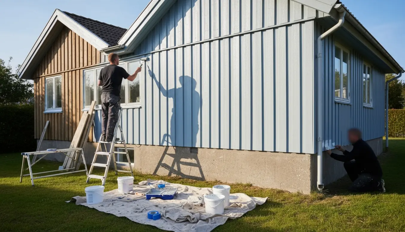 Malere maler husets udvendige gavle og sidevægge med rulle og pensel, to langside er delvist træbeklædte.